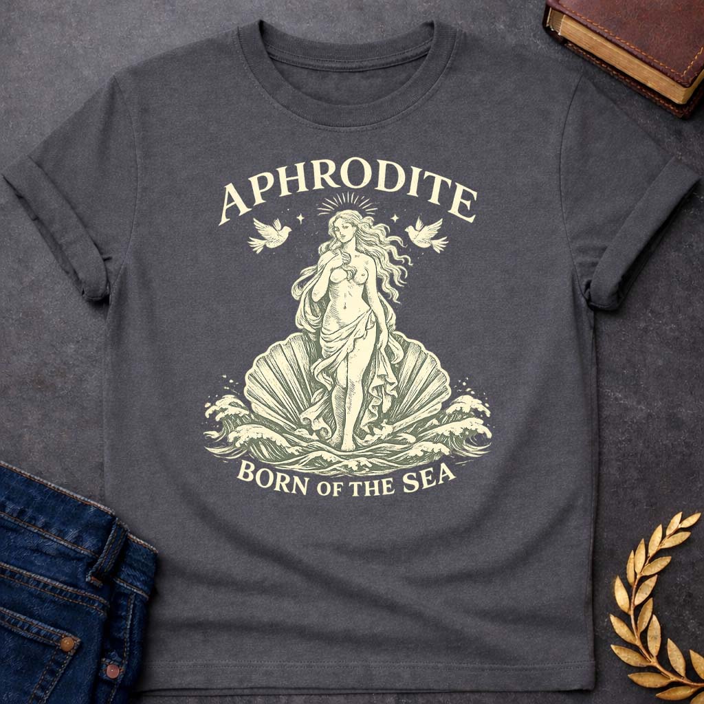 Aphrodite Born of the Sea Greek Mythology Youth T-Shirt featuring detailed Greek mythology artwork, symbolic design, and bold graphic style