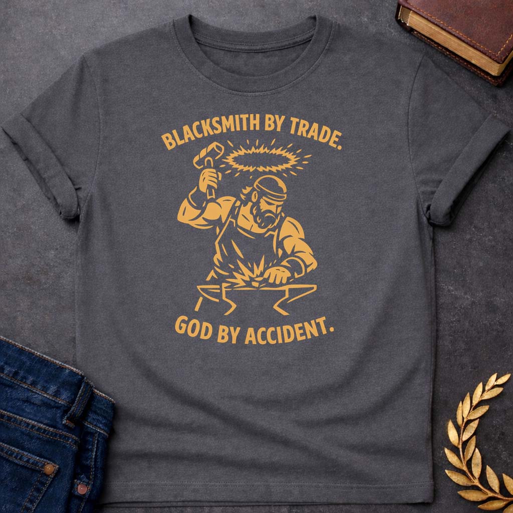 hephaestus blacksmith by trade god by accident greek mythology youth t shirt featuring blacksmith hammer, forge sparks, fire god symbolism in industrial mythology design