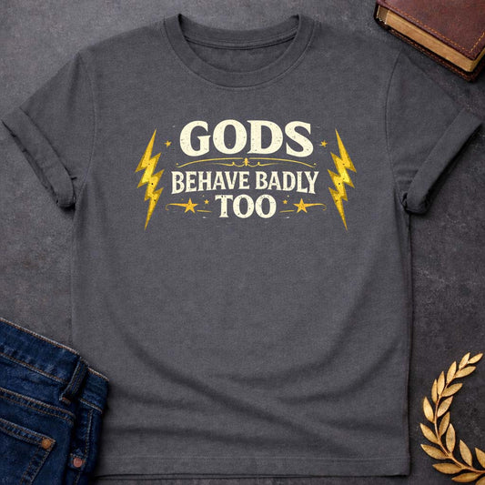 zeus gods behave badly too greek mythology youth t shirt featuring lightning bolt, sky god power symbolism in bold Greek mythology design
