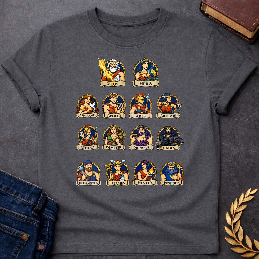 the olympians portraits greek mythology adult t shirt featuring detailed Greek mythology artwork, symbolic design, and bold graphic style