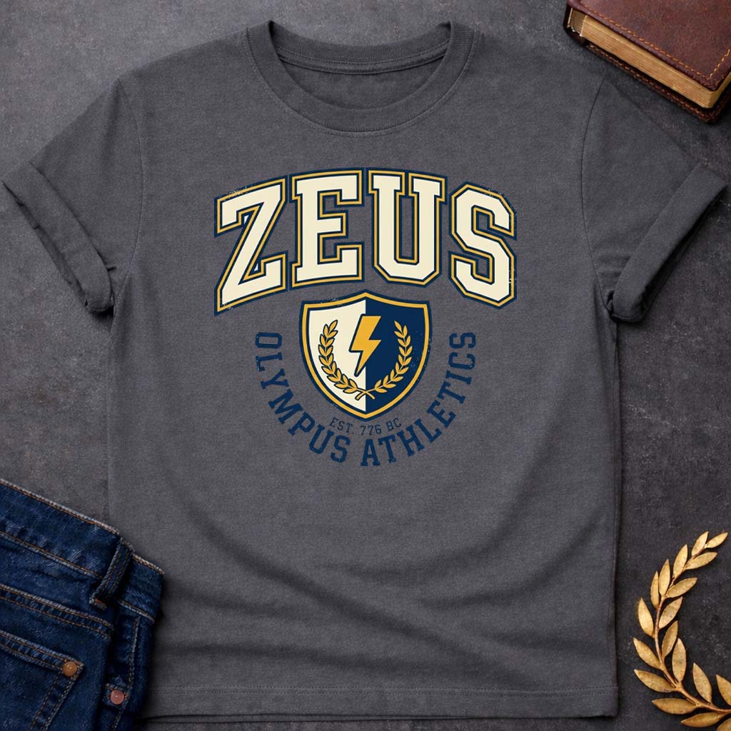zeus olympus athletics greek mythology youth t shirt featuring lightning bolt, sky god power symbolism in bold Greek mythology design