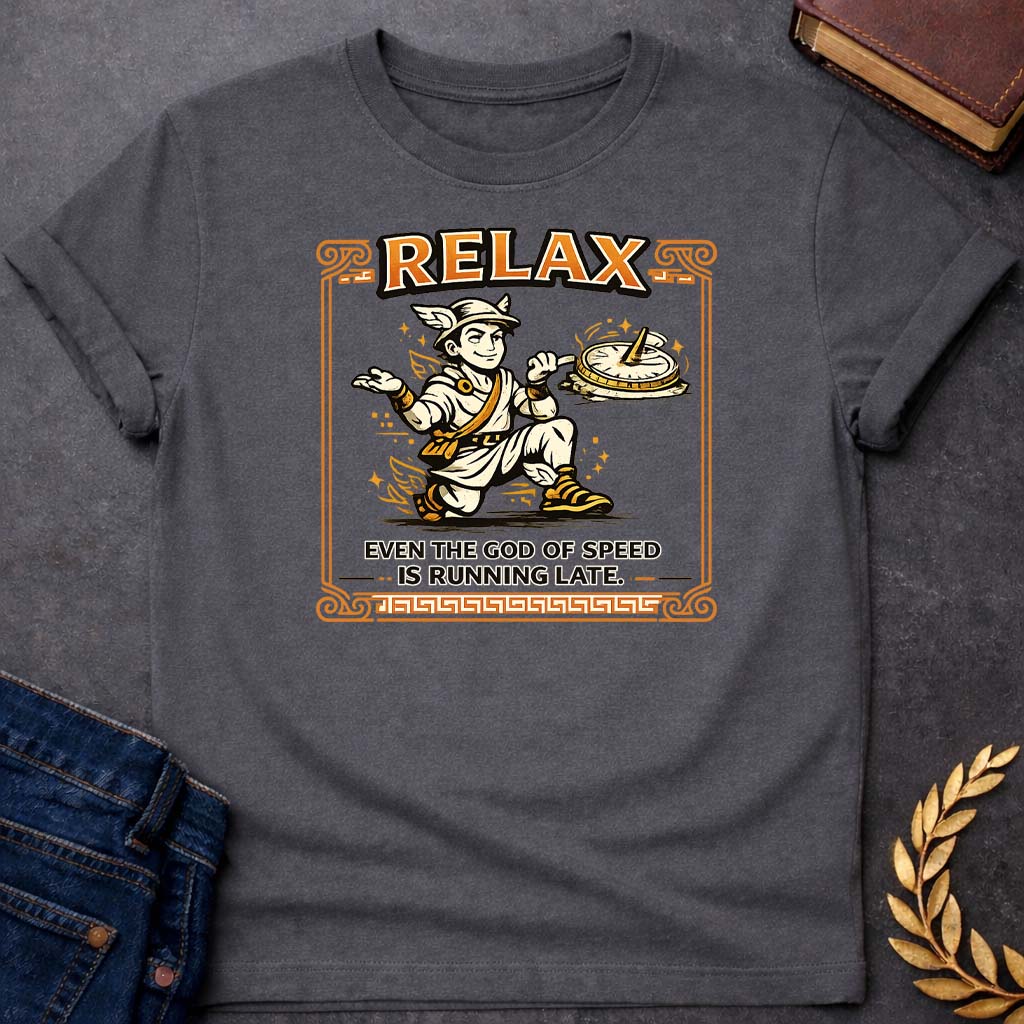 hermes relax even the god of speed is running late greek mythology youth t shirt featuring detailed Greek mythology artwork, symbolic design, and bold graphic style