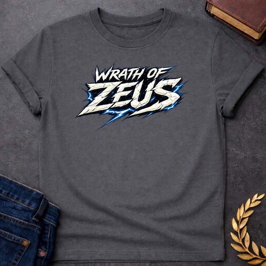 zeus wrath of zeus greek mythology youth t shirt featuring lightning bolt, sky god power symbolism in bold Greek mythology design