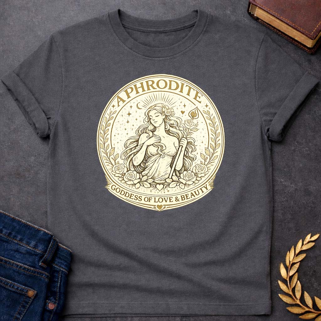 aphrodite goddess of love beauty greek mythology youth heavy cotton™ tee featuring detailed Greek mythology artwork, symbolic design, and bold graphic style