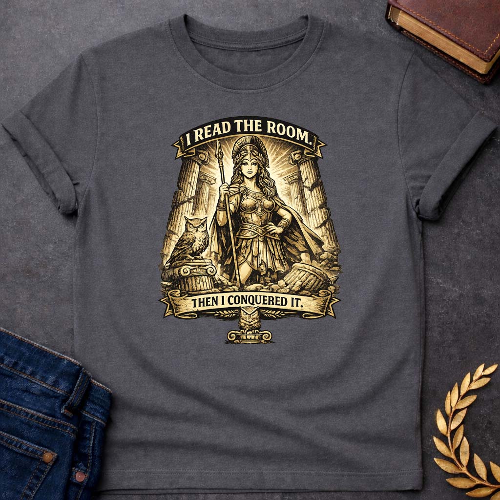 athena i read the room then i conquered it greek mythology youth t shirt featuring owl, laurel wreath, wisdom symbolism in vintage Greek mythology design