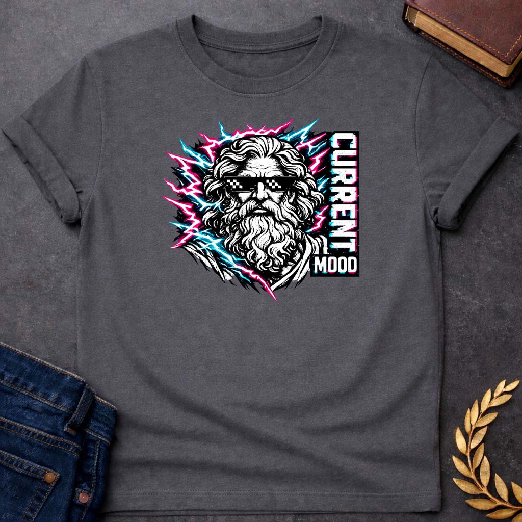 zeus current mood greek mythology youth t shirt featuring lightning bolt, sky god power symbolism in bold Greek mythology design