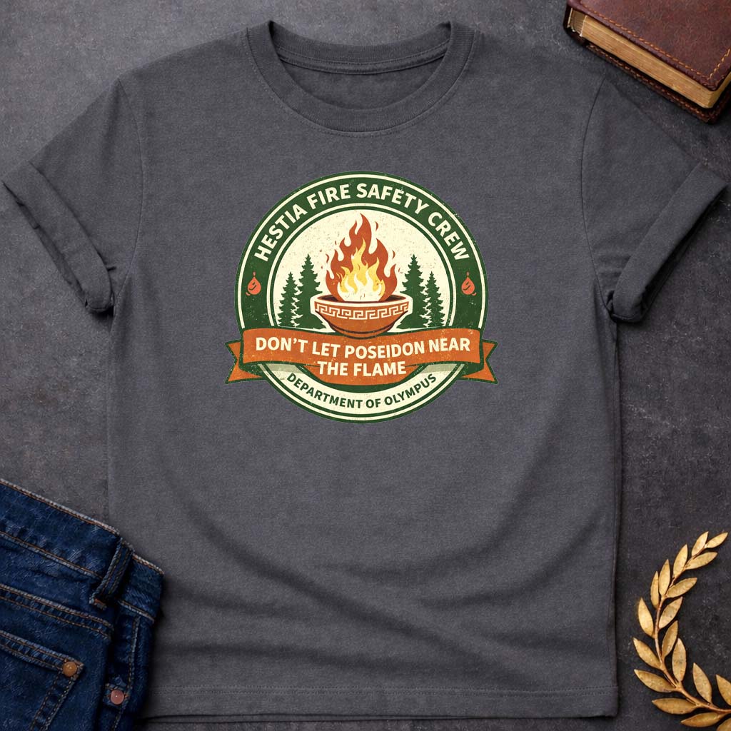 hestia fire safety crew greek mythology youth t shirt featuring detailed Greek mythology artwork, symbolic design, and bold graphic style