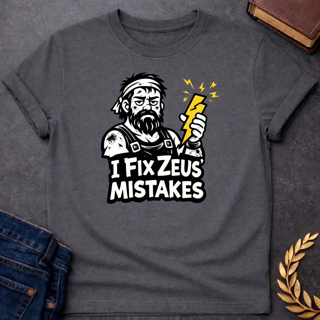 hephaestus i fix zeus mistakes greek mythology youth t shirt featuring lightning bolt, sky god power symbolism in bold Greek mythology design