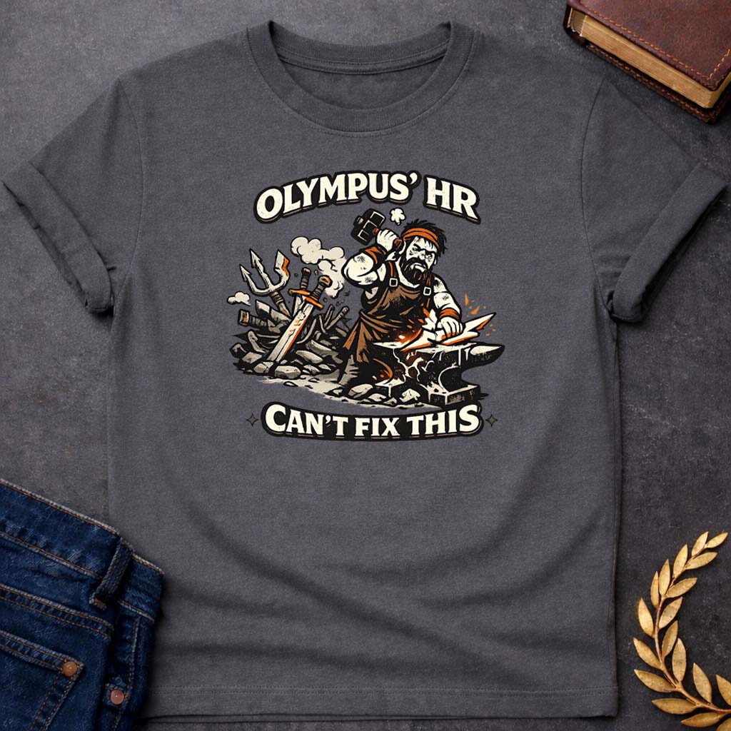 hephaestus olympus hr cant fix this greek mythology youth t shirt featuring blacksmith hammer, forge sparks, fire god symbolism in industrial mythology design