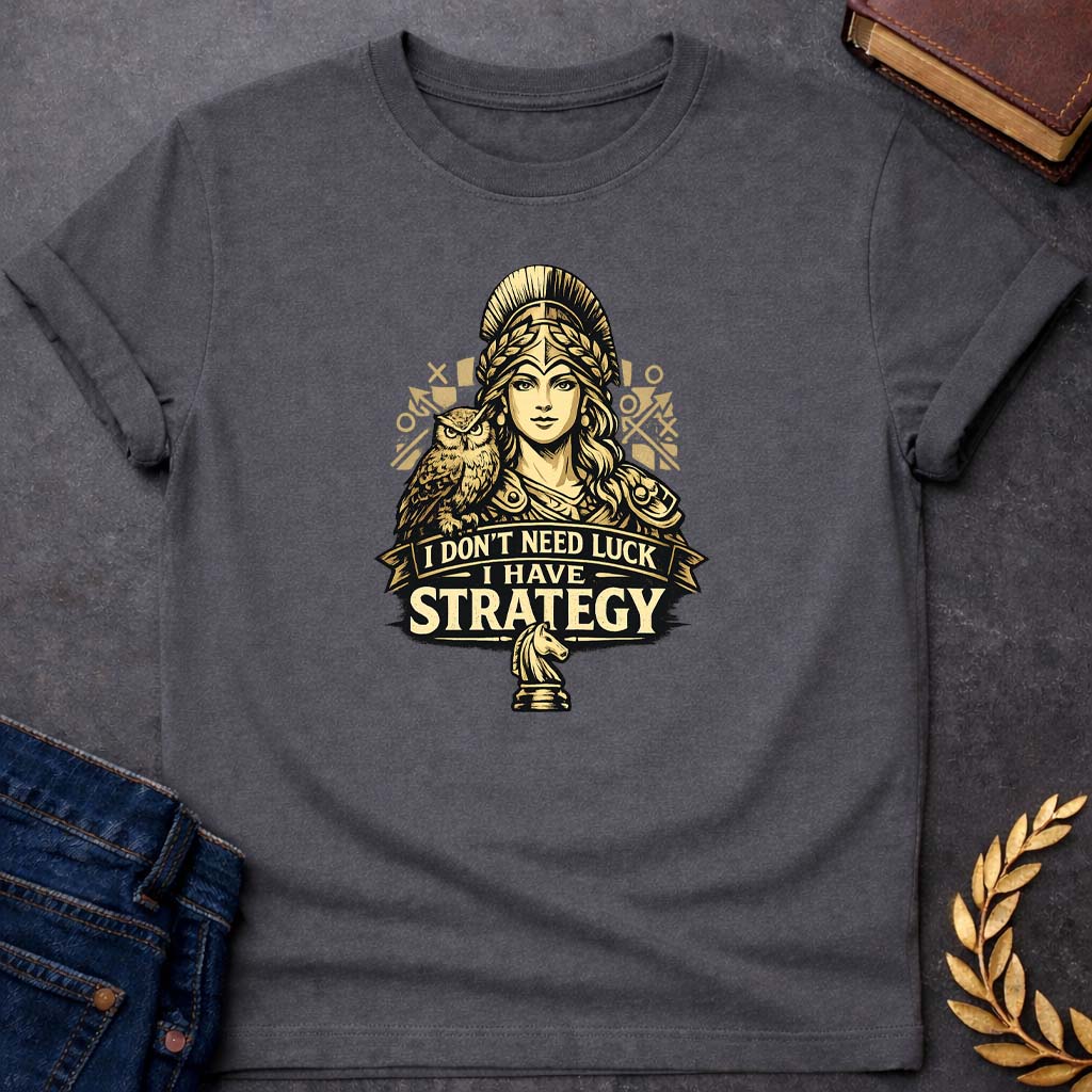 athena i dont need luck i have strategy greek mythology youth t shirt featuring owl, laurel wreath, wisdom symbolism in vintage Greek mythology design