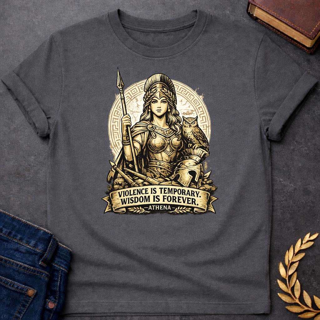 athena violence is temporary wisdom is forever greek mythology youth t shirt featuring owl, laurel wreath, wisdom symbolism in vintage Greek mythology design