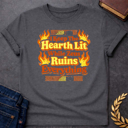 hestia i keep the hearth lit greek mythology youth t shirt featuring detailed Greek mythology artwork, symbolic design, and bold graphic style
