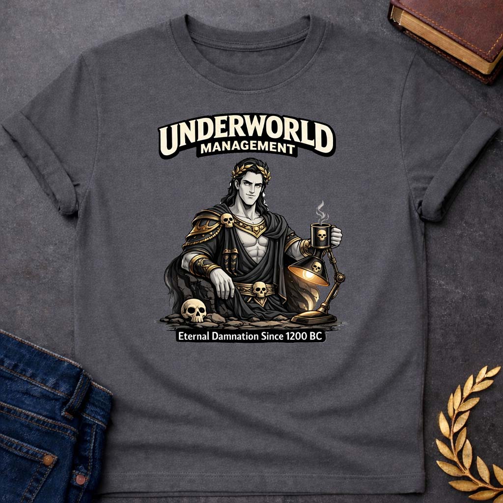 hades underworld management greek mythology youth t shirt featuring underworld king, skull motifs, dark Greek mythology design