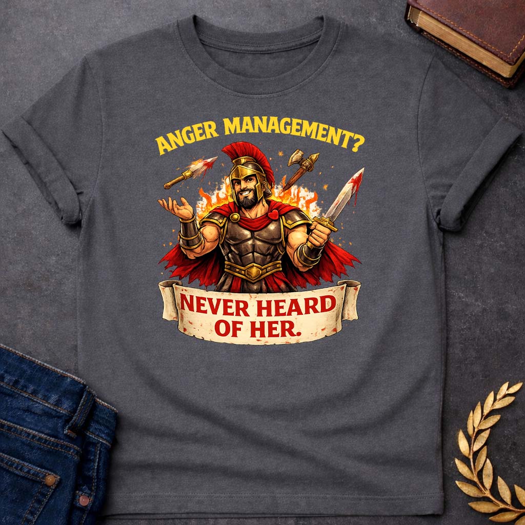 ares anger management never heard of her greek mythology youth heavy cotton™ tee featuring warrior armor, battle symbolism, god of war Greek mythology design