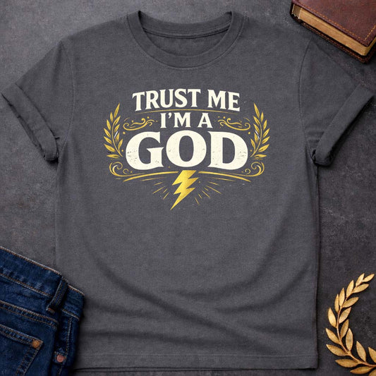 zeus trust me im a god greek mythology youth t shirt featuring lightning bolt, sky god power symbolism in bold Greek mythology design