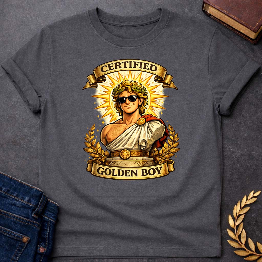 apollo certified golden boy greek mythology unisex softstyle adult t shirt featuring detailed Greek mythology artwork, symbolic design, and bold graphic style