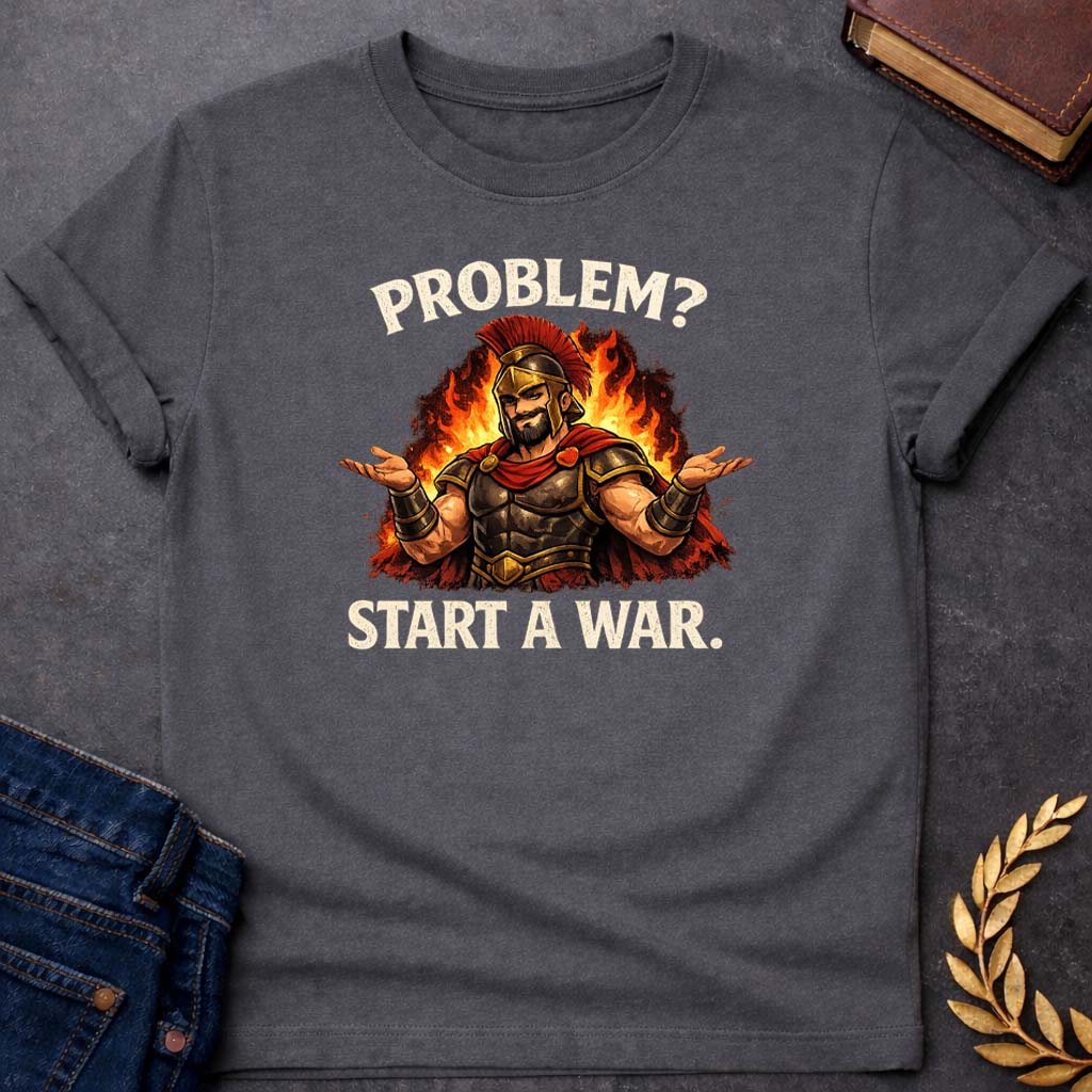 ares problem start a war greek mythology youth heavy cotton™ tee featuring warrior armor, battle symbolism, god of war Greek mythology design