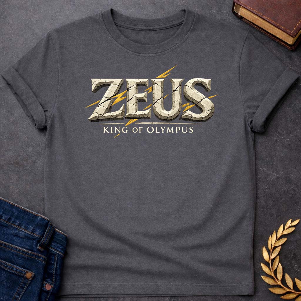 zeus king of olympus greek mythology youth t shirt featuring lightning bolt, sky god power symbolism in bold Greek mythology design