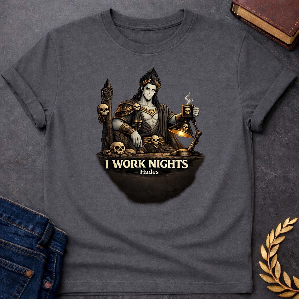 hades i work nights greek mythology youth t shirt featuring underworld king, skull motifs, dark Greek mythology design