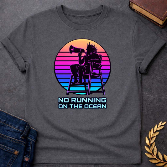 poseidon no running on the ocean greek mythology youth t shirt featuring trident, ocean waves, sea god symbolism in Greek mythology design