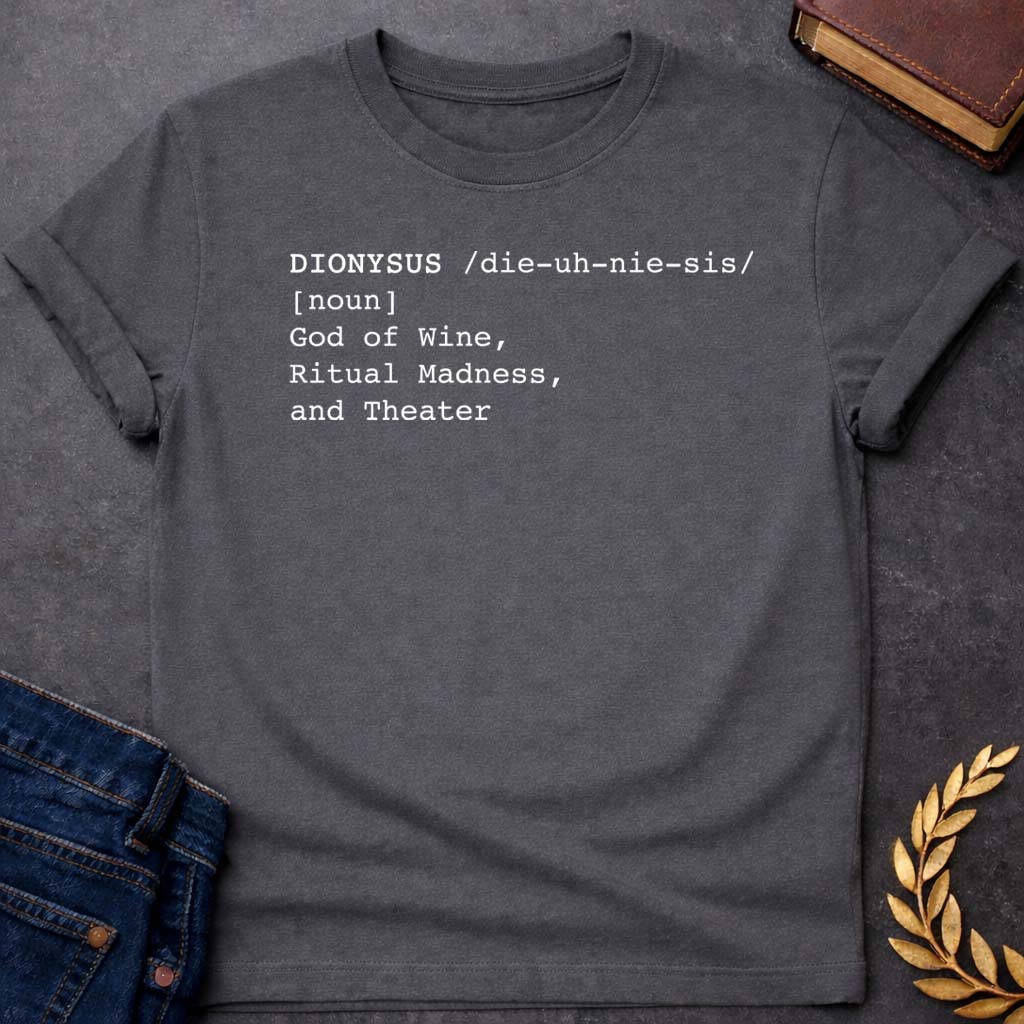 dionysus dictionary definition greek mythology youth heavy cotton™ tee featuring detailed Greek mythology artwork, symbolic design, and bold graphic style