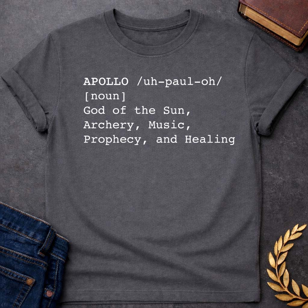 Apollo Dictionary Definition Greek Mythology Adult T-Shirt featuring detailed Greek mythology artwork, symbolic design, and bold graphic style