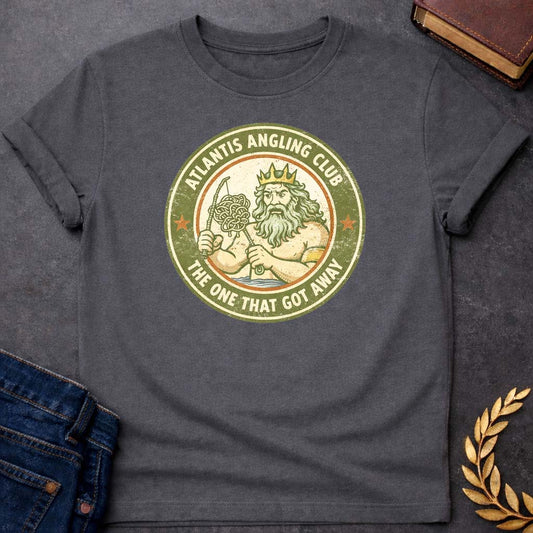 poseidon atlantis angling club greek mythology youth t shirt featuring trident, ocean waves, sea god symbolism in Greek mythology design