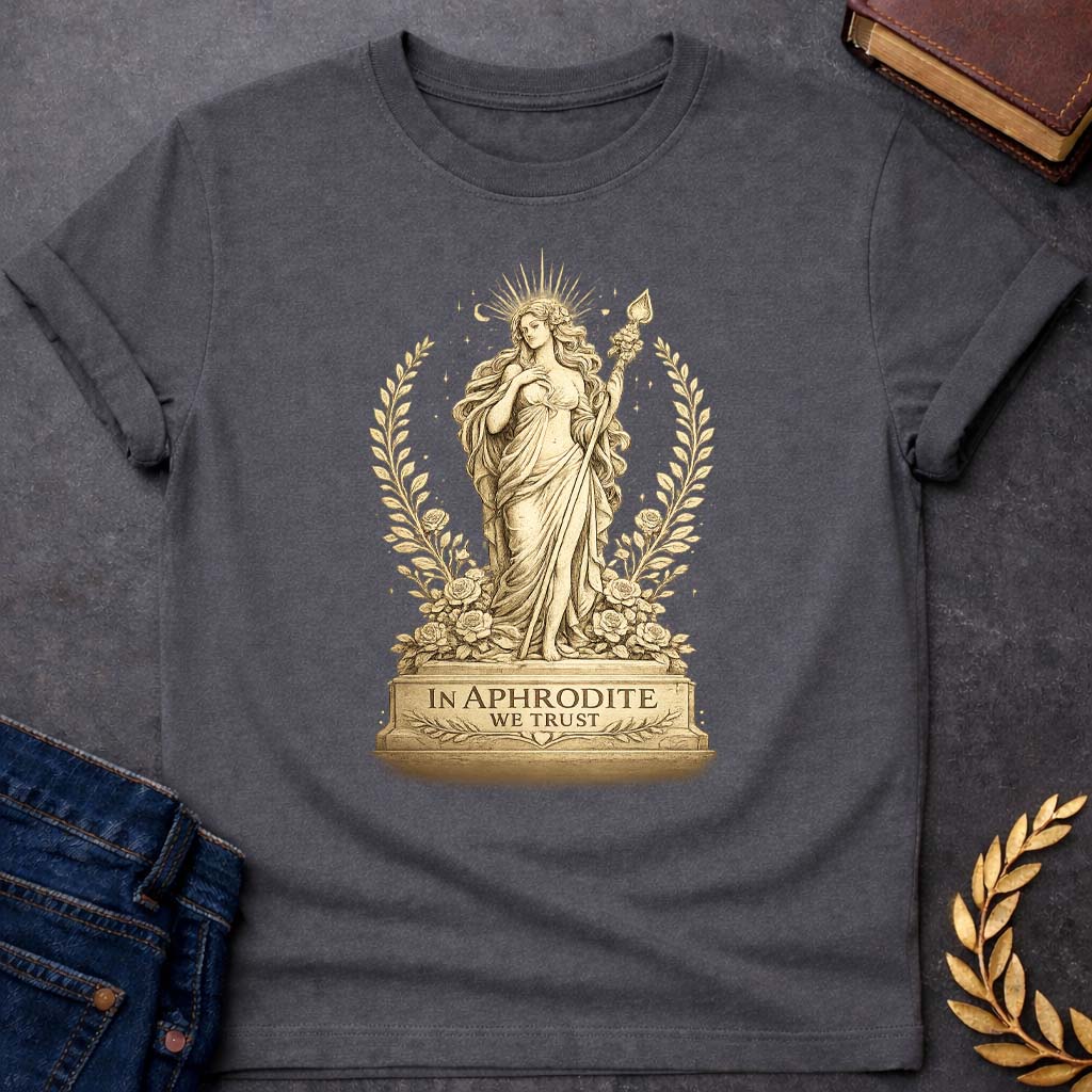 in aphrodite we trust greek mythology youth heavy cotton™ tee 1 featuring detailed Greek mythology artwork, symbolic design, and bold graphic style
