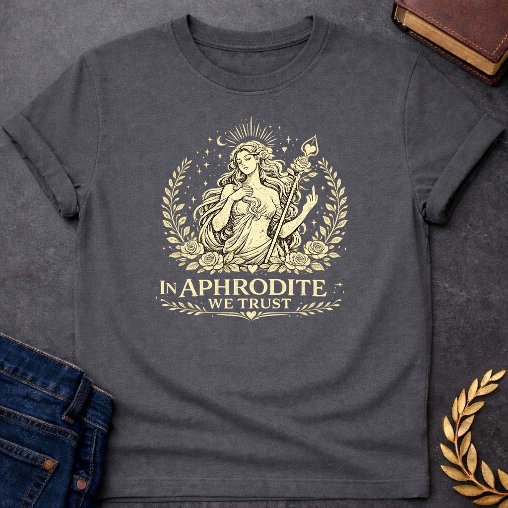 in aphrodite we trust greek mythology youth heavy cotton™ tee featuring detailed Greek mythology artwork, symbolic design, and bold graphic style