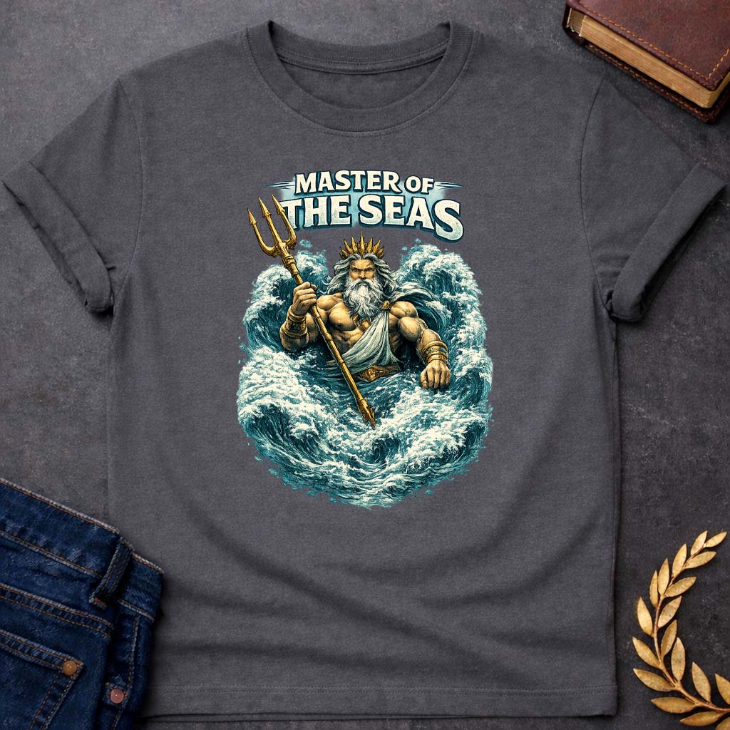 Poseidon Master to the Seas Greek Mythology Adult T-Shirt featuring trident, ocean waves, sea god symbolism in Greek mythology design