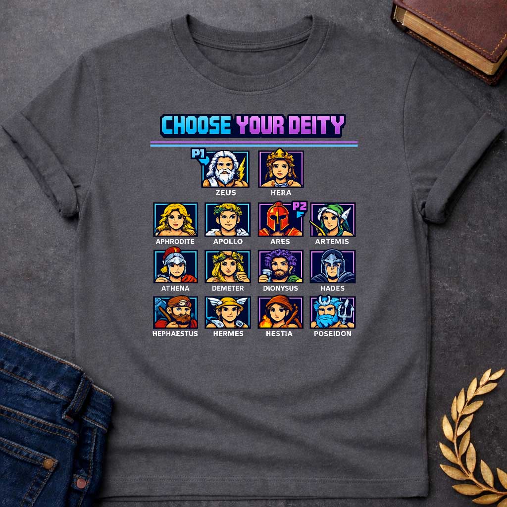the olympians choose your deity greek mythology youth t shirt featuring detailed Greek mythology artwork, symbolic design, and bold graphic style