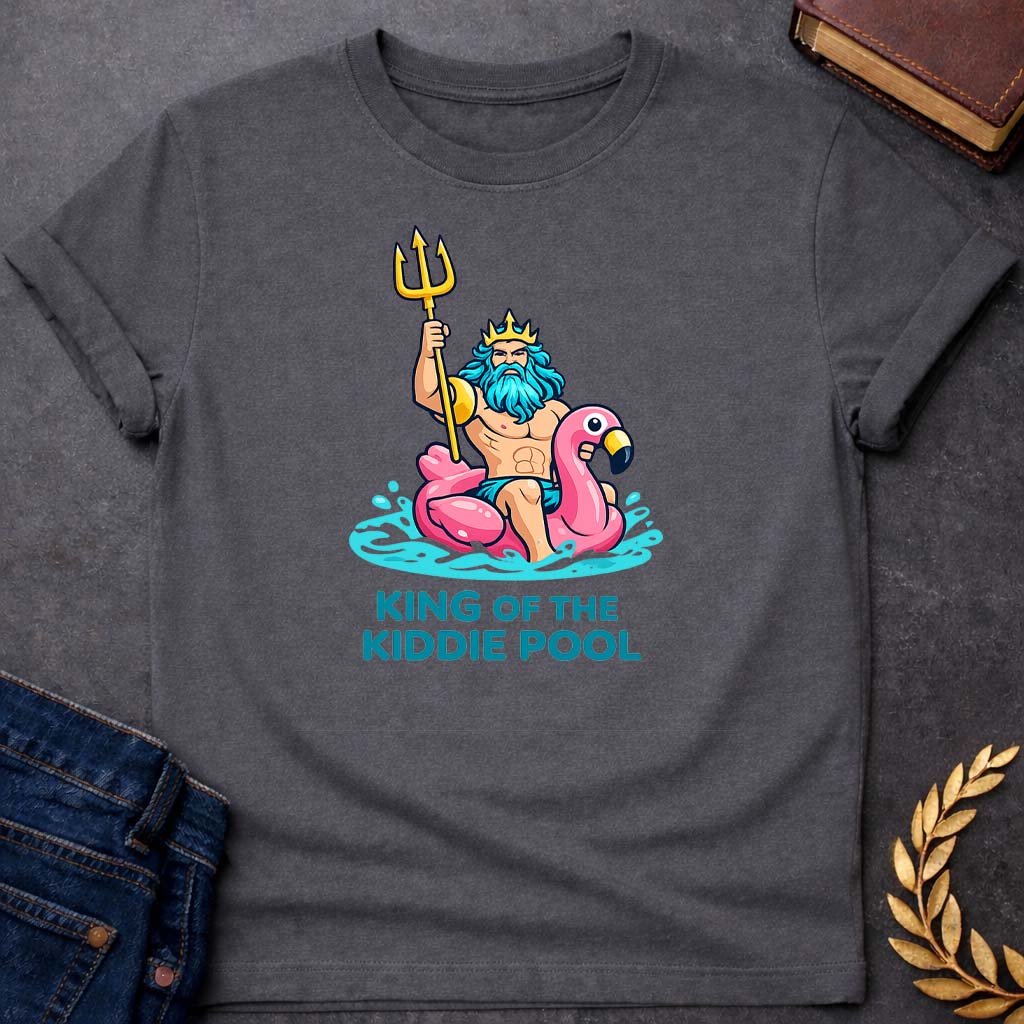 poseidon king of the kiddie pool greek mythology youth t shirt featuring trident, ocean waves, sea god symbolism in Greek mythology design