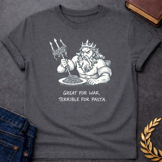 poseidon great for war terrible for pasta club greek mythology youth t shirt featuring trident, ocean waves, sea god symbolism in Greek mythology design
