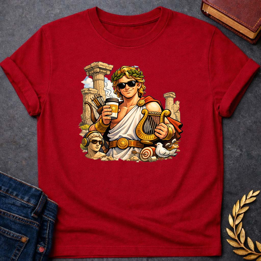 apollo greek mythology unisex softstyle adult t shirt featuring detailed Greek mythology artwork, symbolic design, and bold graphic style