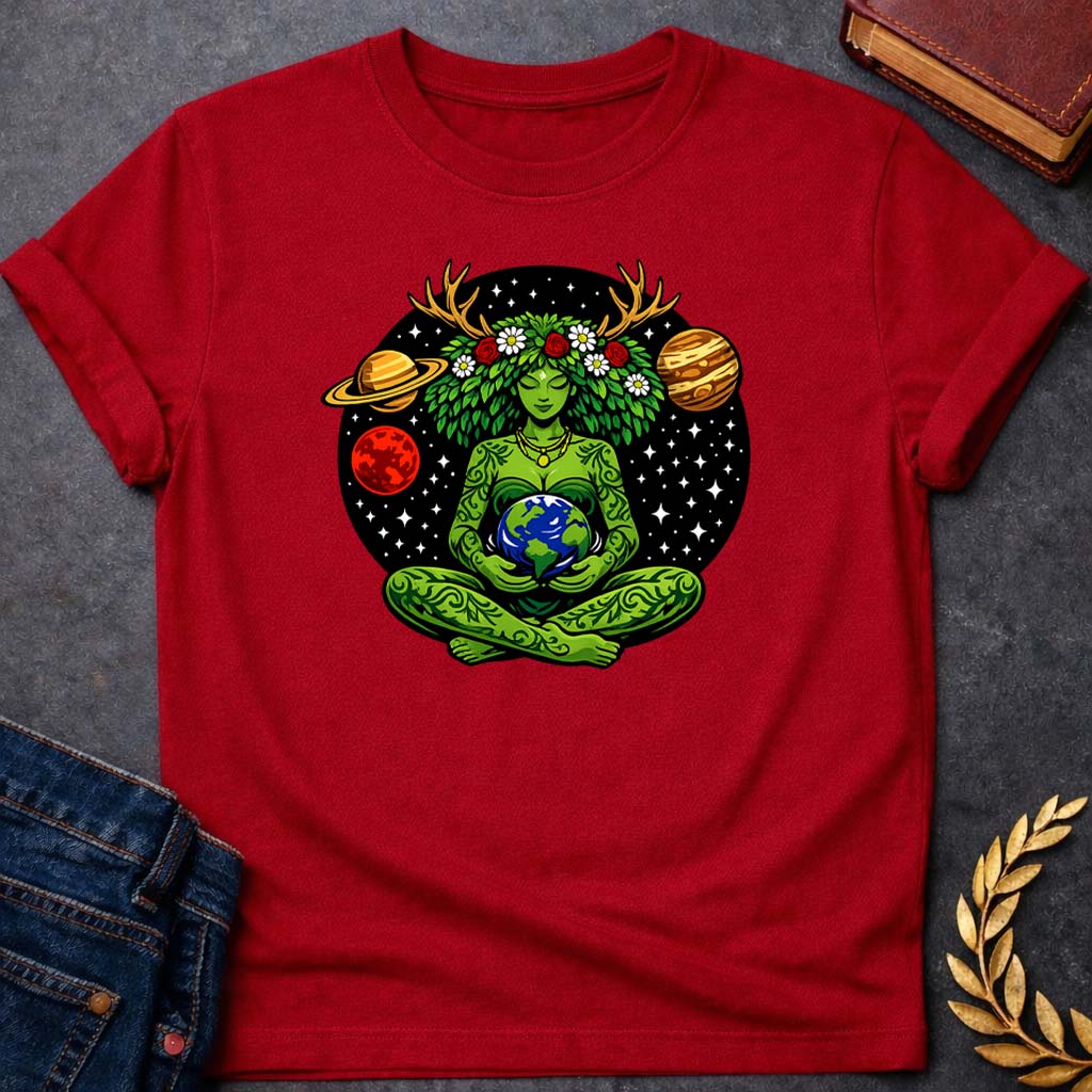 gaia cosmic mother earth art greek mythology adult shirt featuring detailed Greek mythology artwork, symbolic design, and bold graphic style