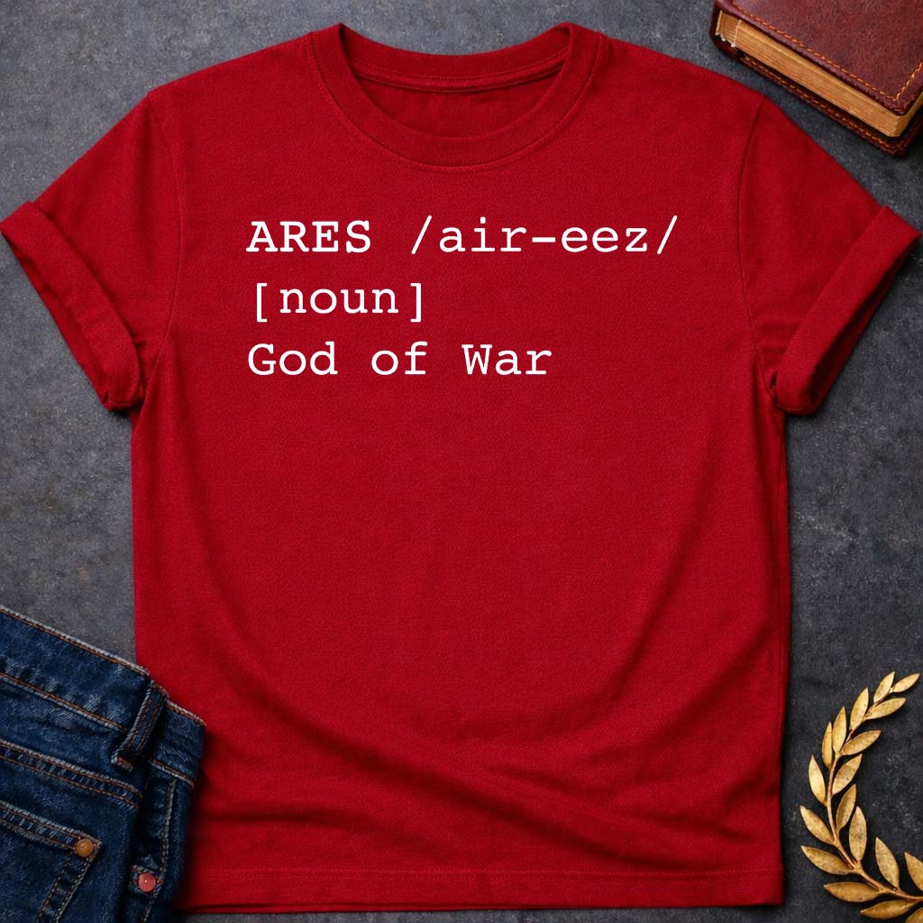 ares dictionary definition greek mythology unisex softstyle adult t shirt featuring warrior armor, battle symbolism, god of war Greek mythology design