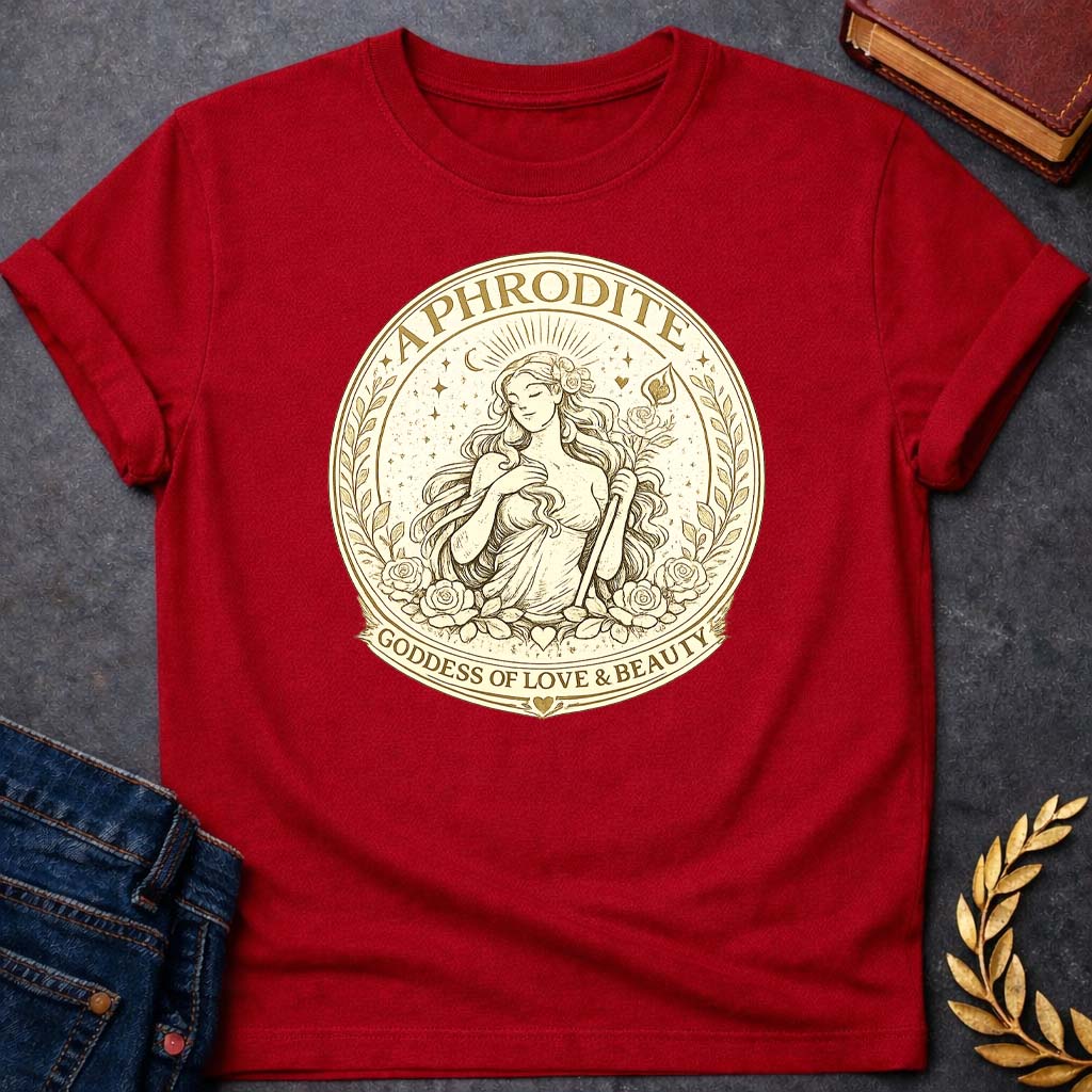 aphrodite goddess of love beauty greek mythology unisex softstyle t shirt featuring detailed Greek mythology artwork, symbolic design, and bold graphic style