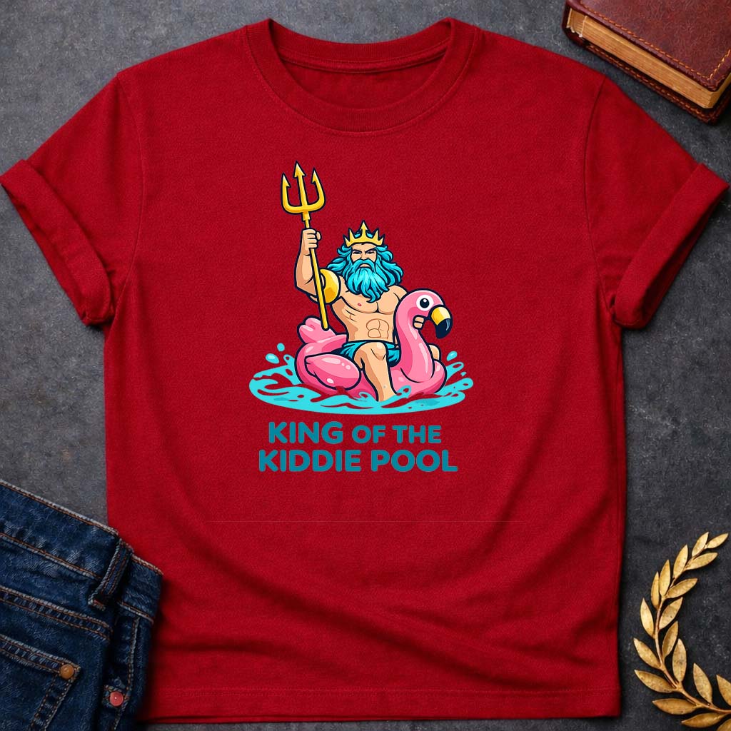 poseidon king of the kiddie pool greek mythology youth t shirt featuring trident, ocean waves, sea god symbolism in Greek mythology design