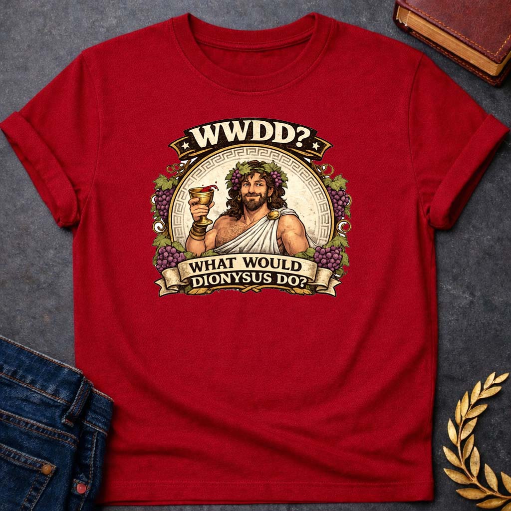dionysus what would dionysus do greek mythology adult t shirt featuring detailed Greek mythology artwork, symbolic design, and bold graphic style