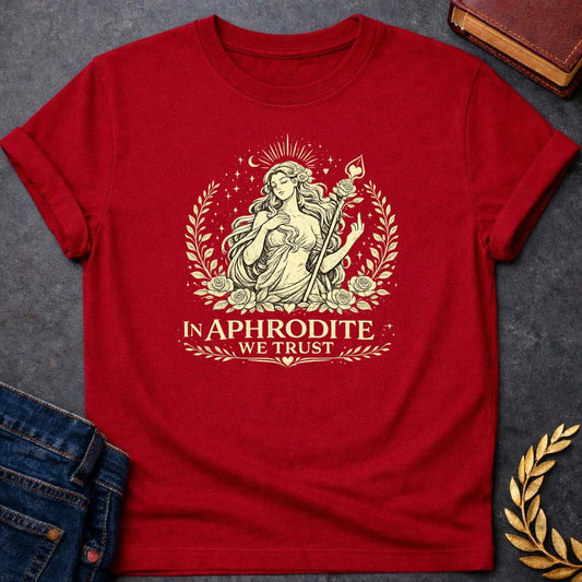 in aphrodite we trust greek mythology youth heavy cotton™ tee featuring detailed Greek mythology artwork, symbolic design, and bold graphic style