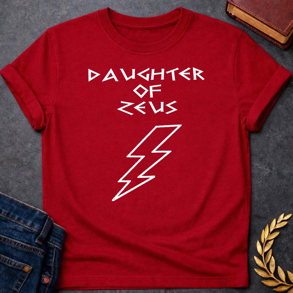 daughter of zeus unisex softstyle adult t shirt featuring lightning bolt, sky god power symbolism in bold Greek mythology design