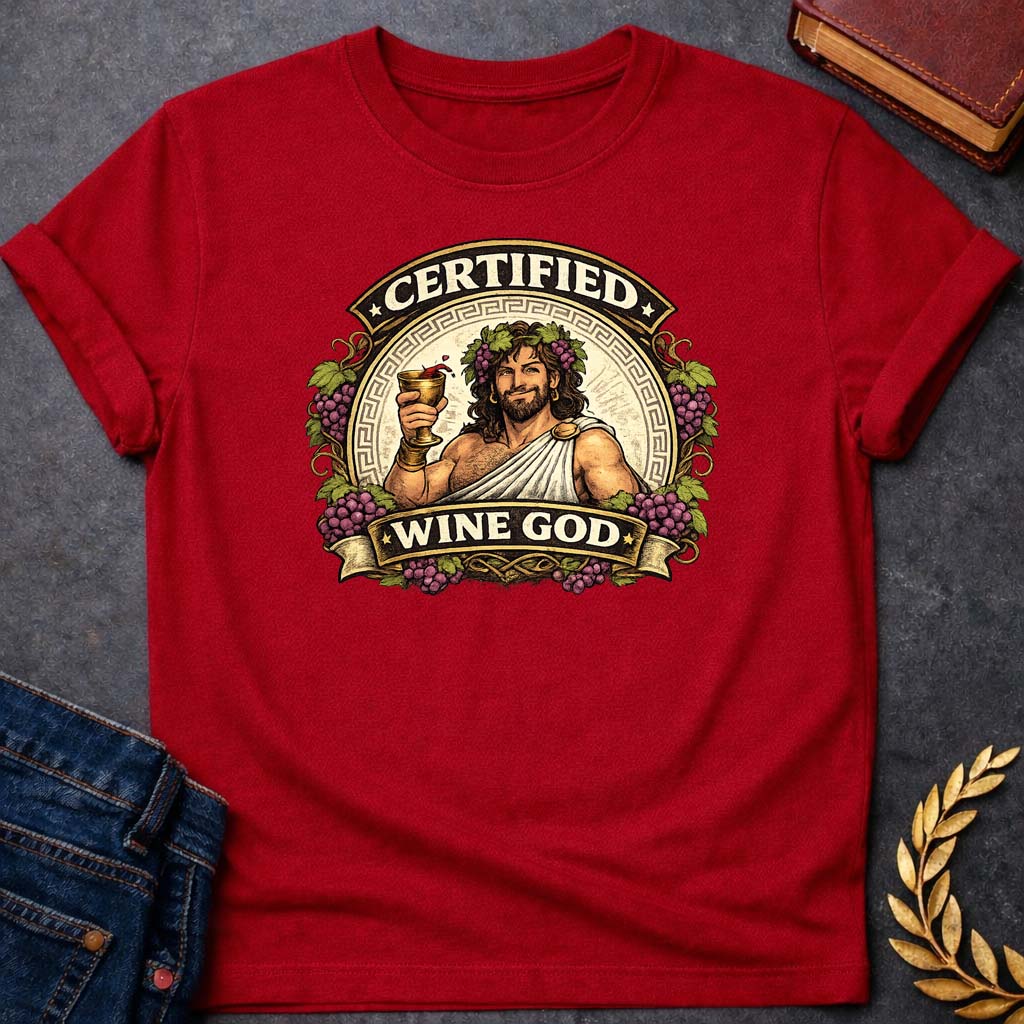 dionysus certified wine god greek mythology adult t shirt featuring detailed Greek mythology artwork, symbolic design, and bold graphic style