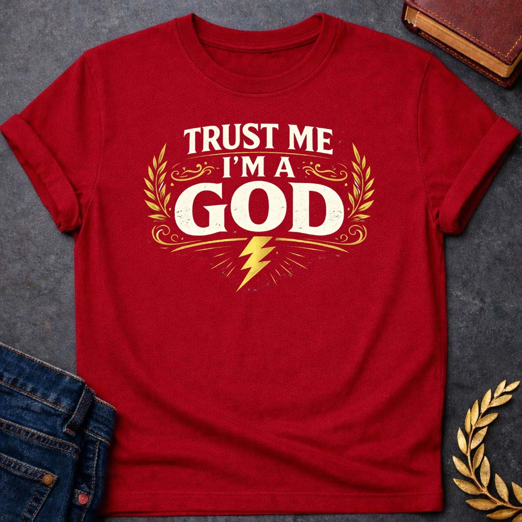 zeus trust me im a god greek mythology youth t shirt featuring lightning bolt, sky god power symbolism in bold Greek mythology design