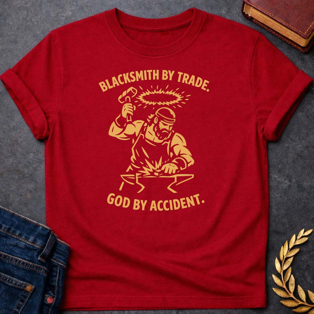 hephaestus blacksmith by trade god by accident greek mythology youth t shirt featuring blacksmith hammer, forge sparks, fire god symbolism in industrial mythology design