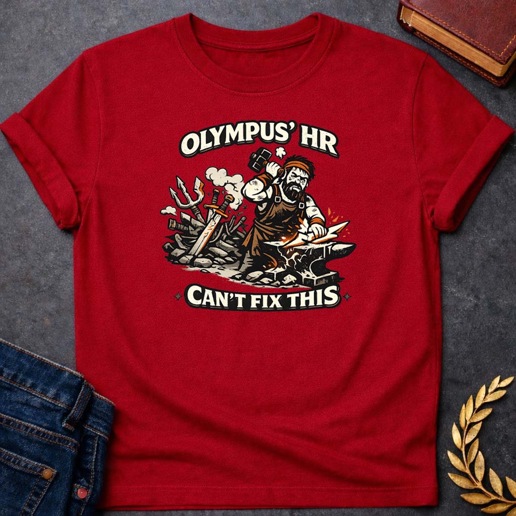 hephaestus olympus hr cant fix this greek mythology youth t shirt featuring blacksmith hammer, forge sparks, fire god symbolism in industrial mythology design