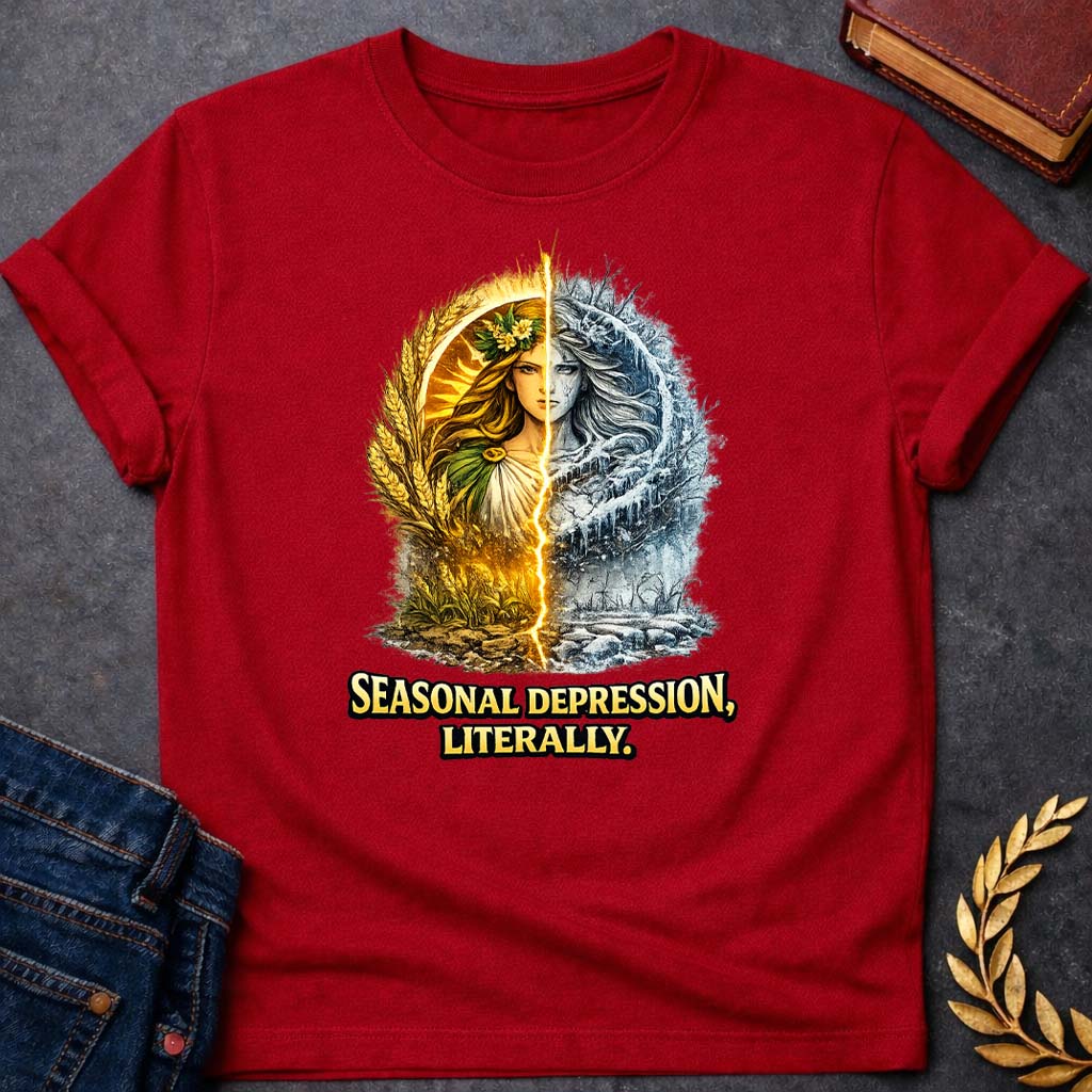 demeter seasonal depression greek mythology youth t shirt featuring detailed Greek mythology artwork, symbolic design, and bold graphic style