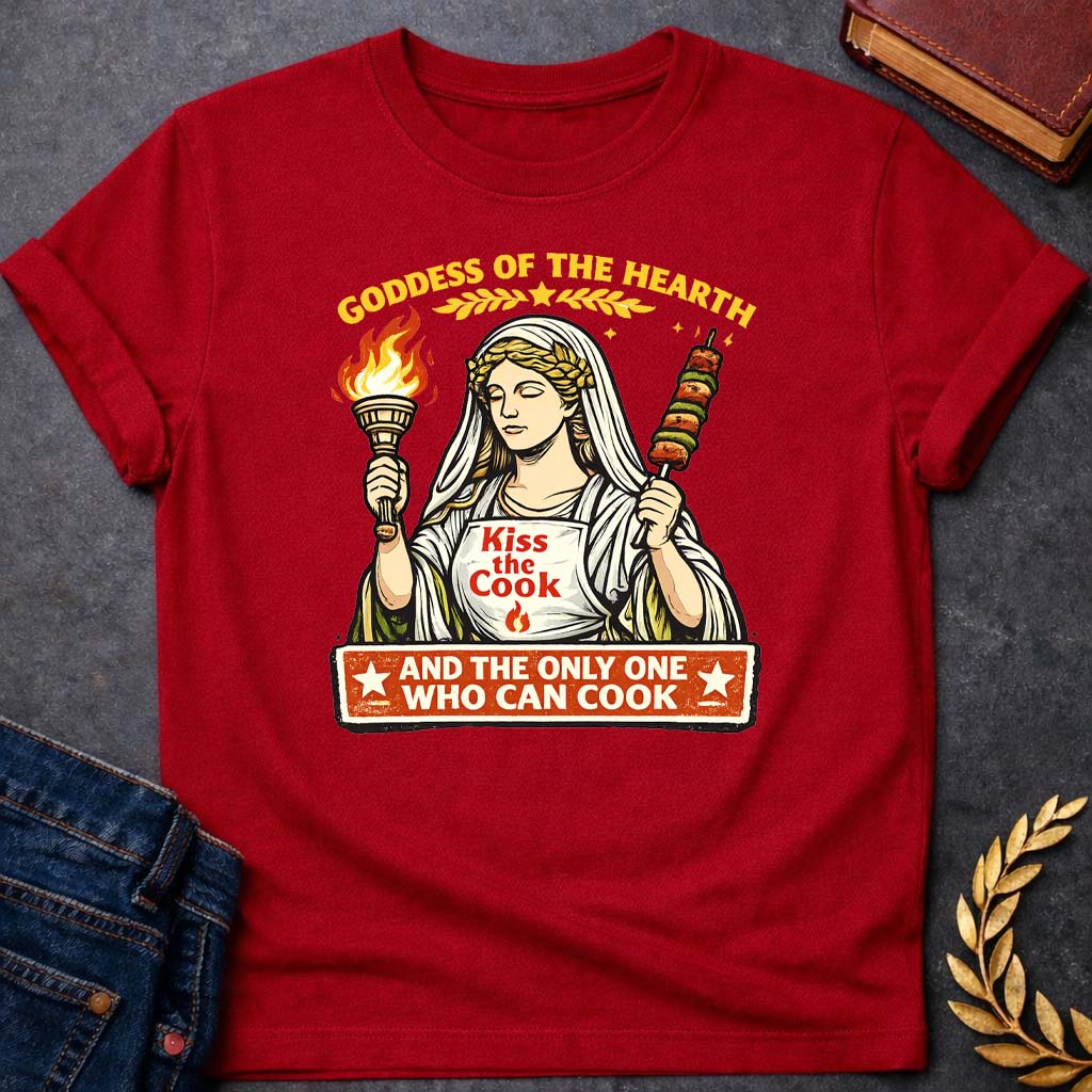 hestia goddess of the hearth greek mythology youth t shirt featuring detailed Greek mythology artwork, symbolic design, and bold graphic style