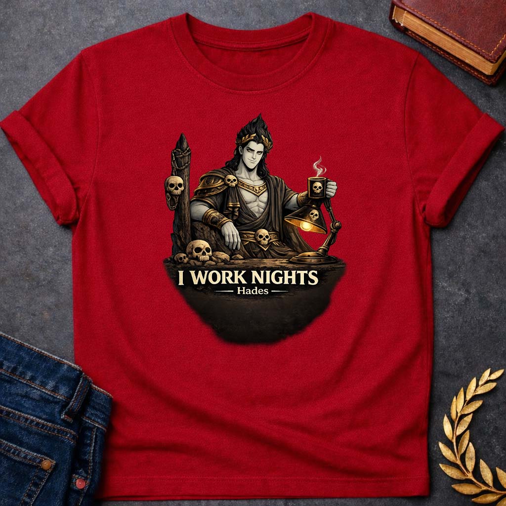 hades i work nights greek mythology adult t shirt featuring underworld king, skull motifs, dark Greek mythology design