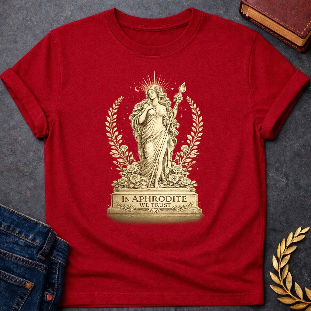 in aphrodite we trust greek mythology unisex softstyle t shirt 1 featuring detailed Greek mythology artwork, symbolic design, and bold graphic style