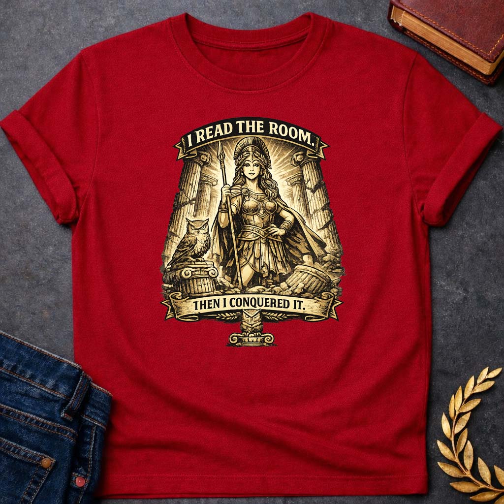 athena i read the room then i conquered it greek mythology youth t shirt featuring owl, laurel wreath, wisdom symbolism in vintage Greek mythology design